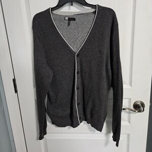 French Connection UK Style Cardigan Heather Gray Stripes Mens Large Grandpa